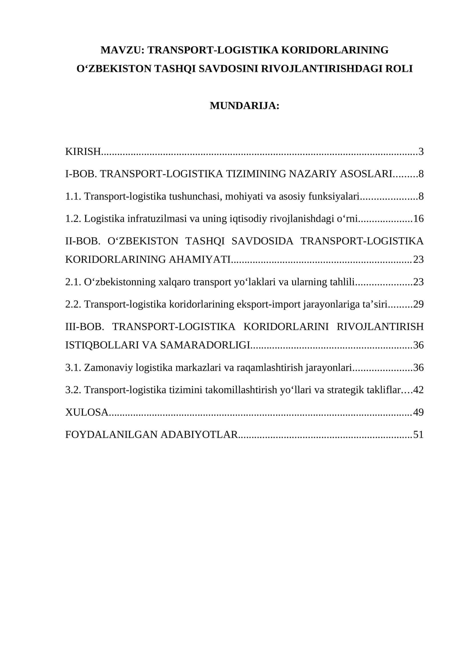 TRANSPORT-LOGISTIKA KORIDORLARINING O‘ZBEKISTON TASHQI SAVDOSINI RIVOJLANTIRISHDAGI ROLI 1
