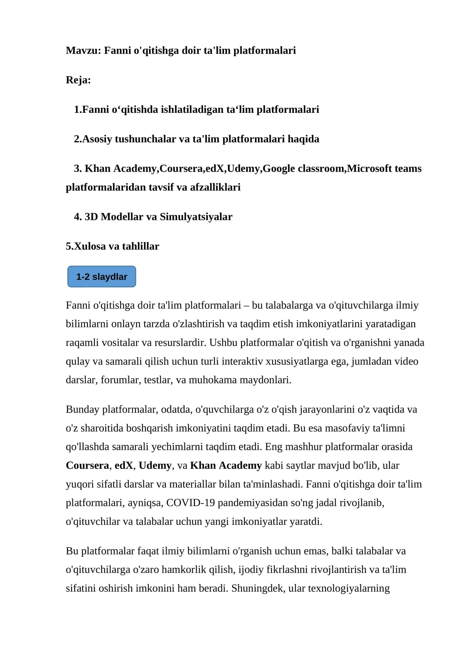 Fanni o'qitishga doir ta'lim platformalari 1