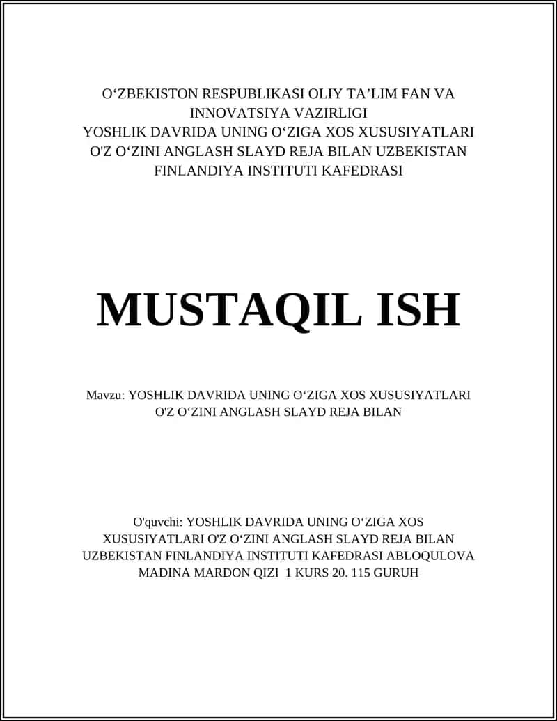 YOSHLIK DAVRIDA UNING O‘ZIGA XOS XUSUSIYATLARI O'Z O‘ZINI ANGLASH SLAYD REJA BILAN 1
