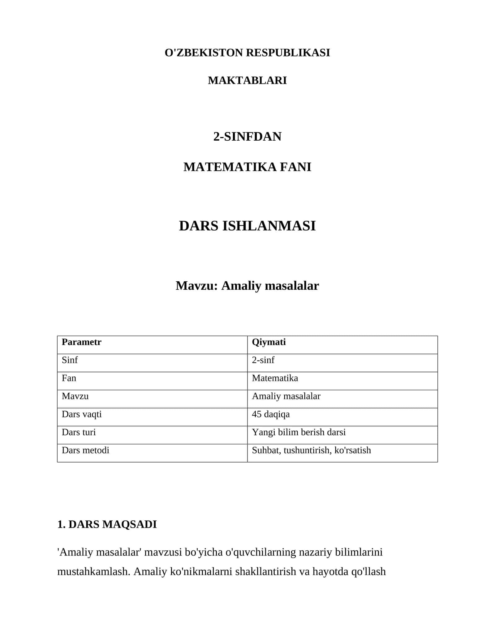2-Sinfdan Matematika Fanida Dars Ishlanmasi 1
