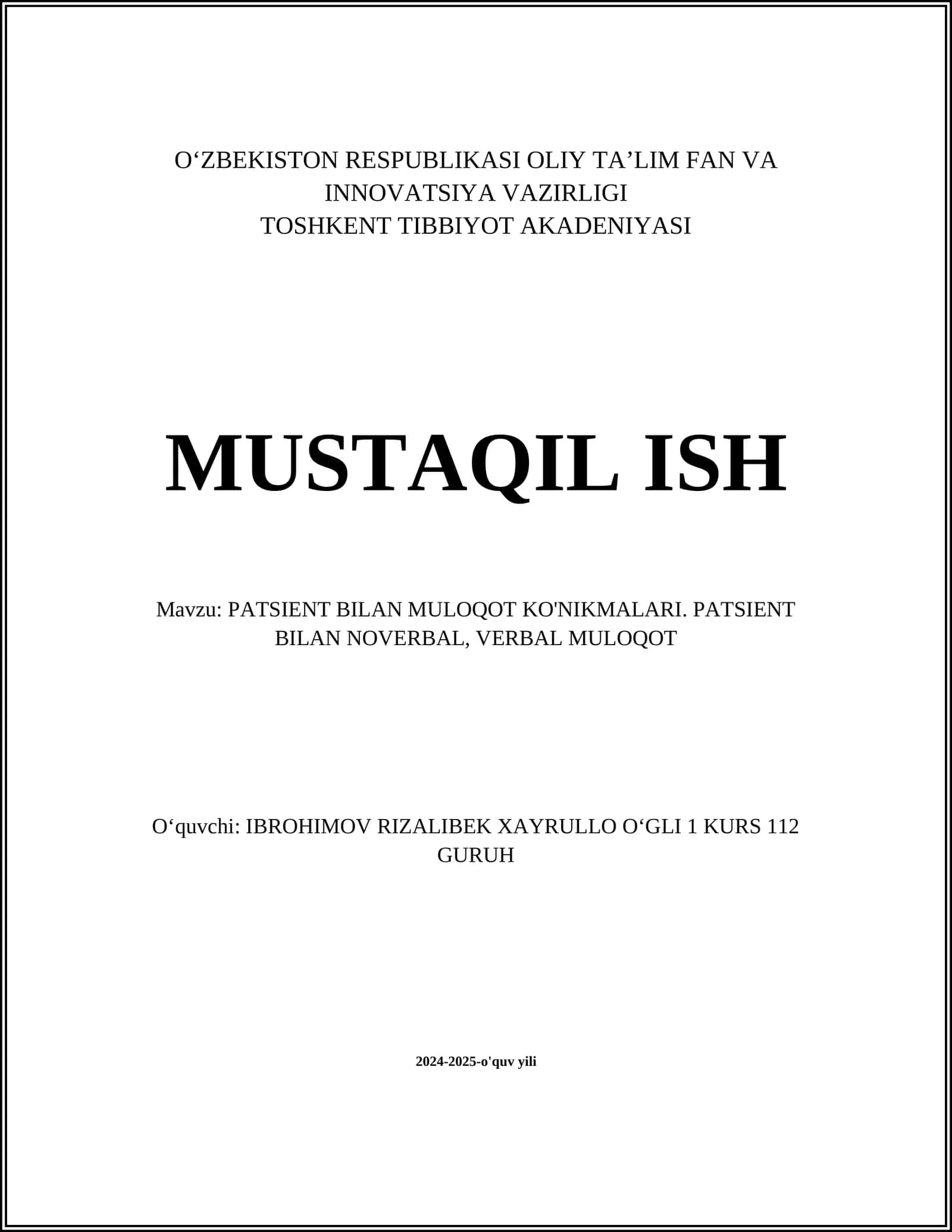 PATSIENT BILAN MULOQOT KO'NIKMALARI. PATSIENT BILAN NOVERBAL, VERBAL MULOQOT 1