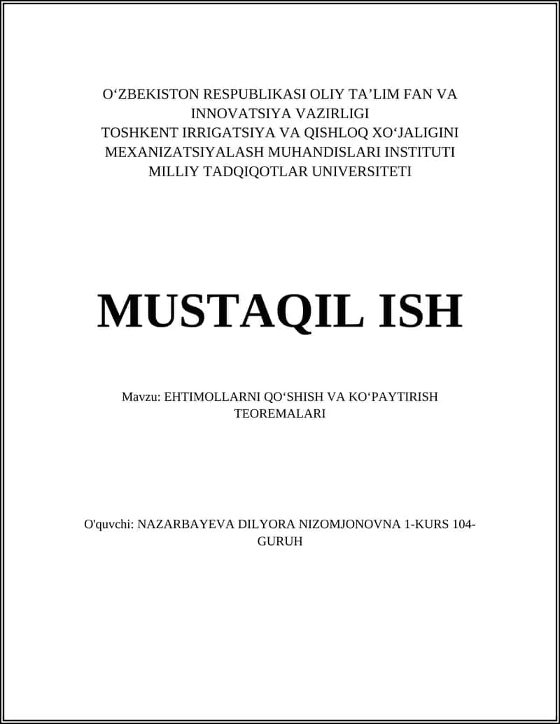 EHTIMOLLARNI QOʻSHISH VA KOʻPAYTIRISH TEOREMALARI 1