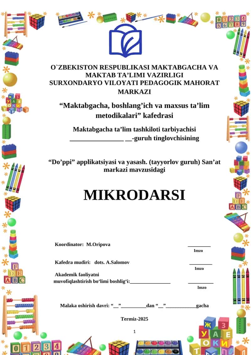 “Doʼppi” applikatsiyasi va yasash. (tayyorlov guruh) Sanʼat markazi 1