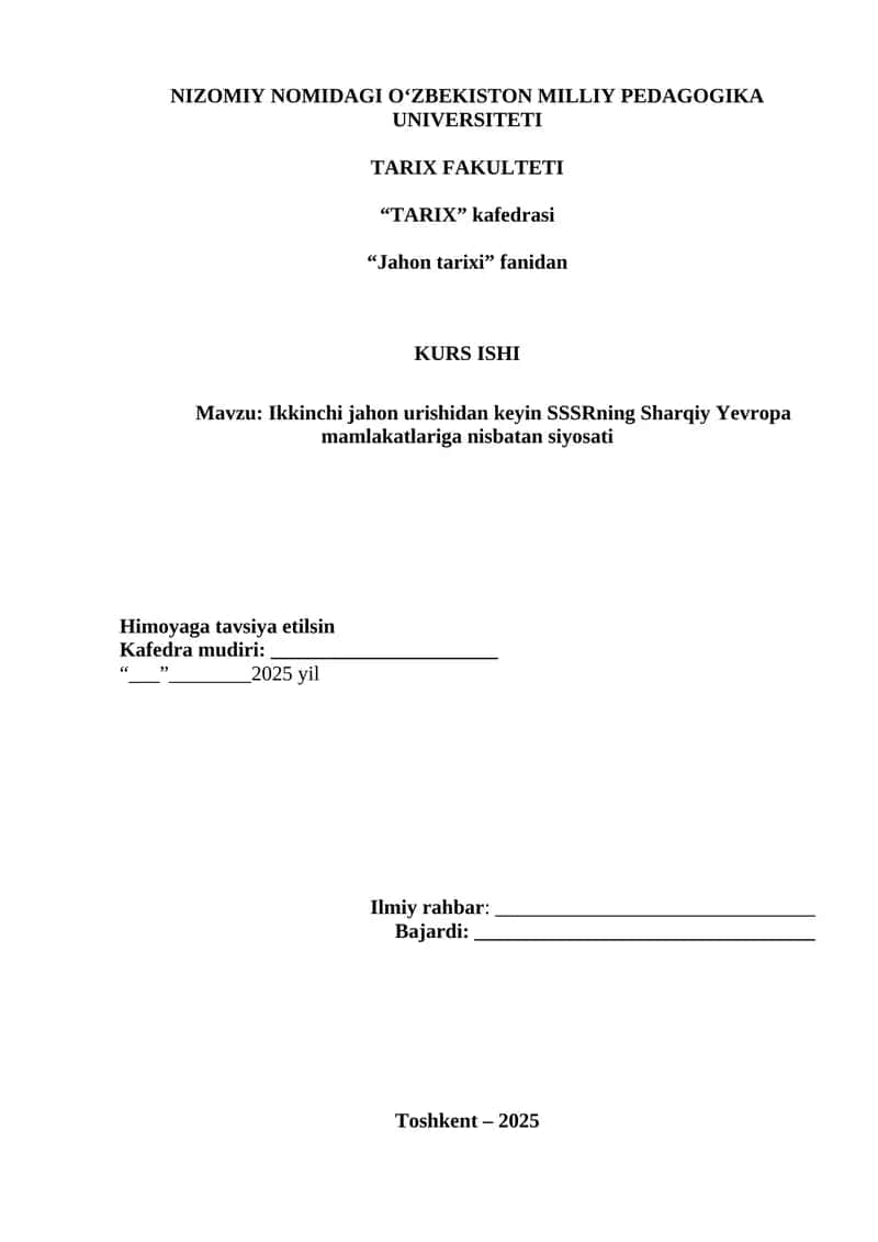 Ikkinchi jahon urishidan keyin SSSRning Sharqiy Yevropa mamlakatlariga nisbatan siyosati 1
