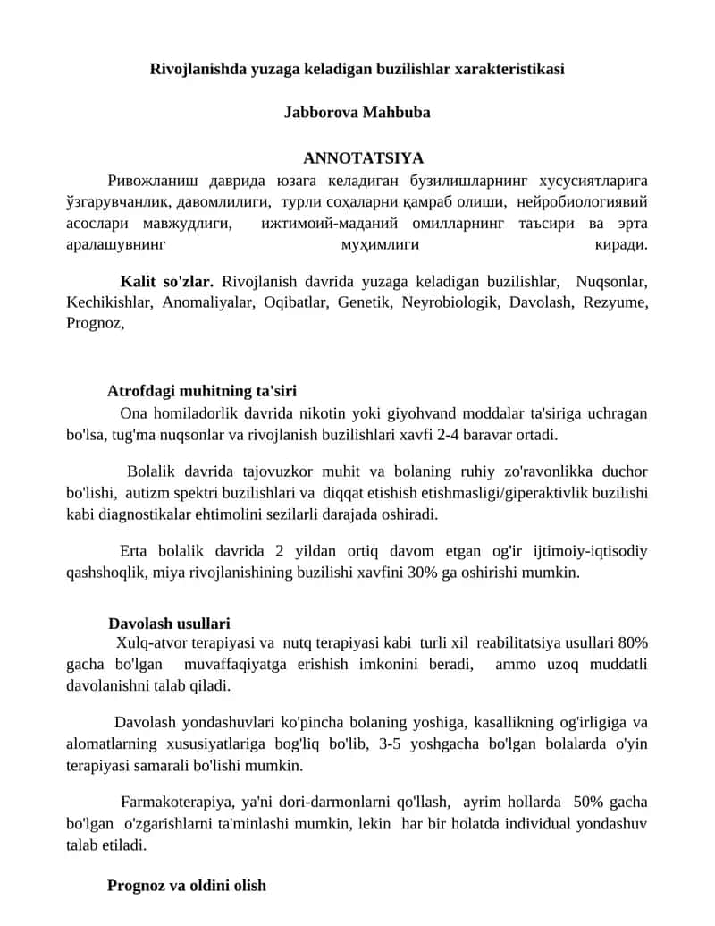 Rivojlanishda yuzaga keladigan buzilishlar xarakteristikasi 1
