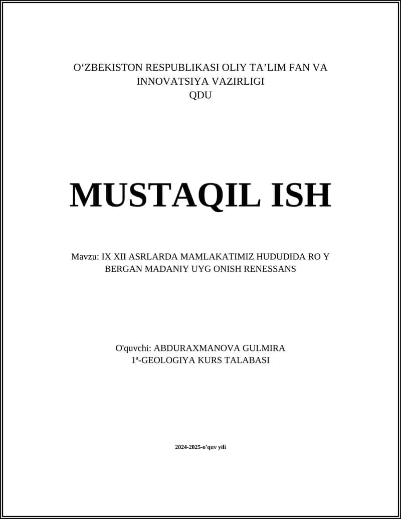 IX XII ASRLARDA MAMLAKATIMIZ HUDUDIDA RO Y BERGAN MADANIY UYG ONISH RENESSANS 1