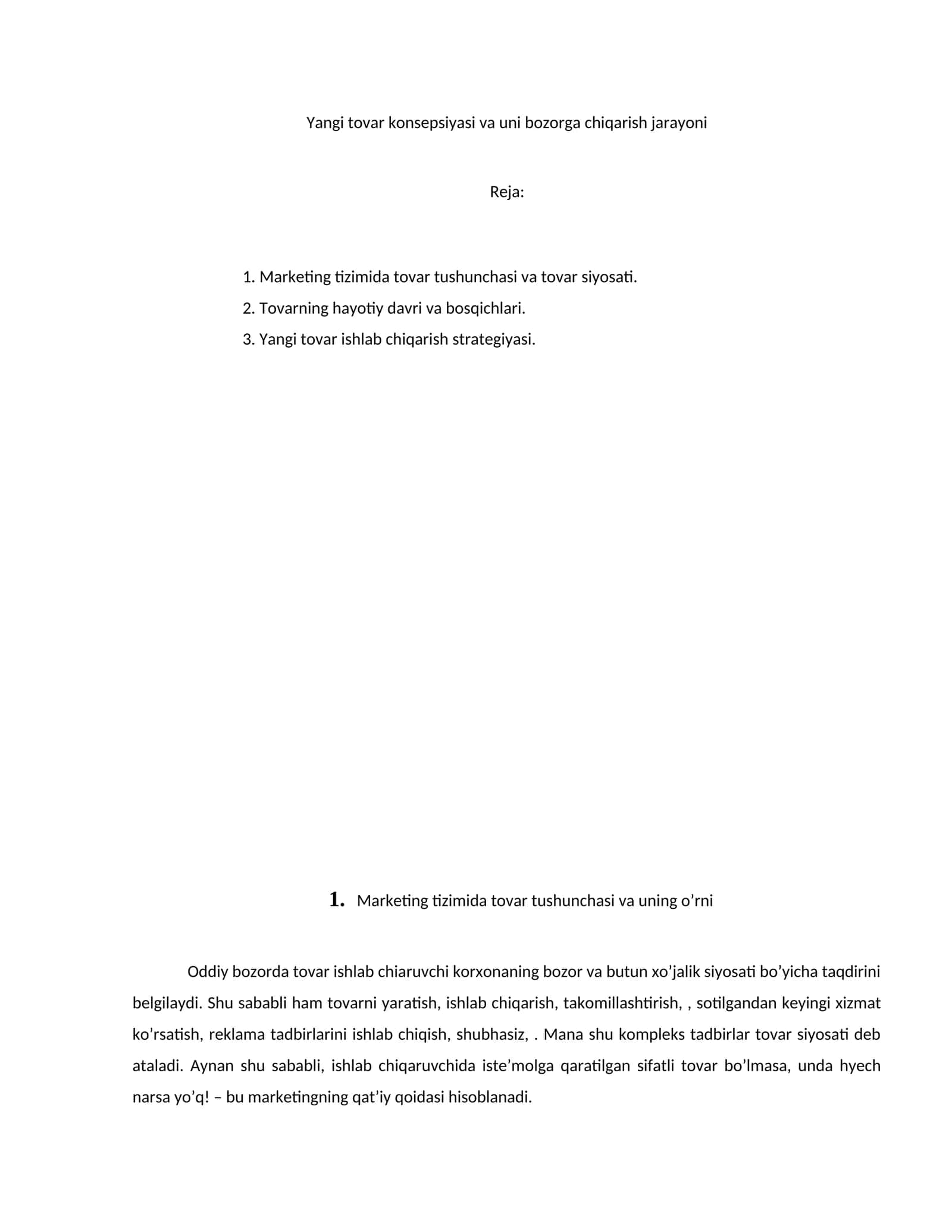 Yangi tovar konsepsiyasi va uni bozorga chiqarish jarayoni 1
