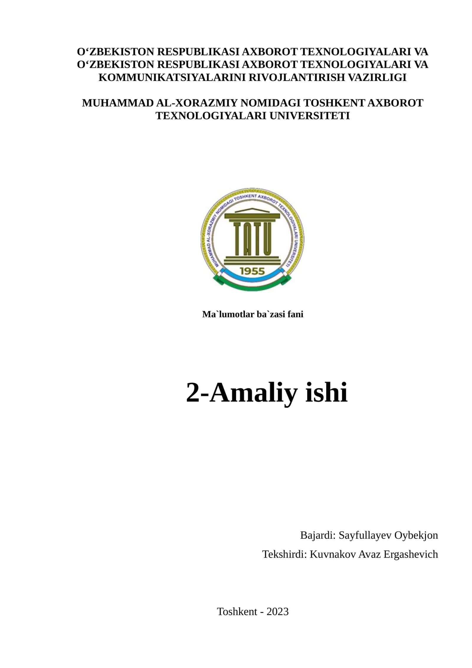 Ma'loomotlar bazasini loyihalash va formatlashtirish 1