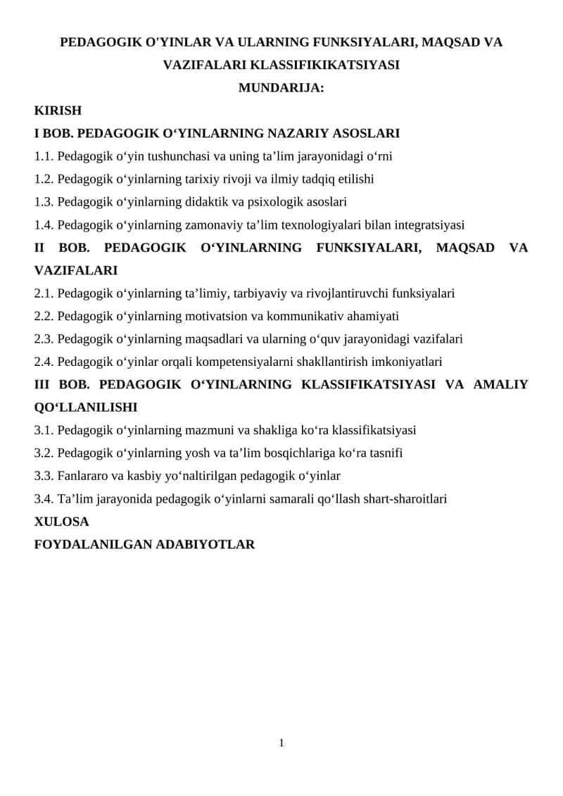 PEDAGOGIK O'YINLAR VA ULARNING FUNKSIYALARI, MAQSAD VA VAZIFALARI KLASSIFIKIKATSIYASI 1