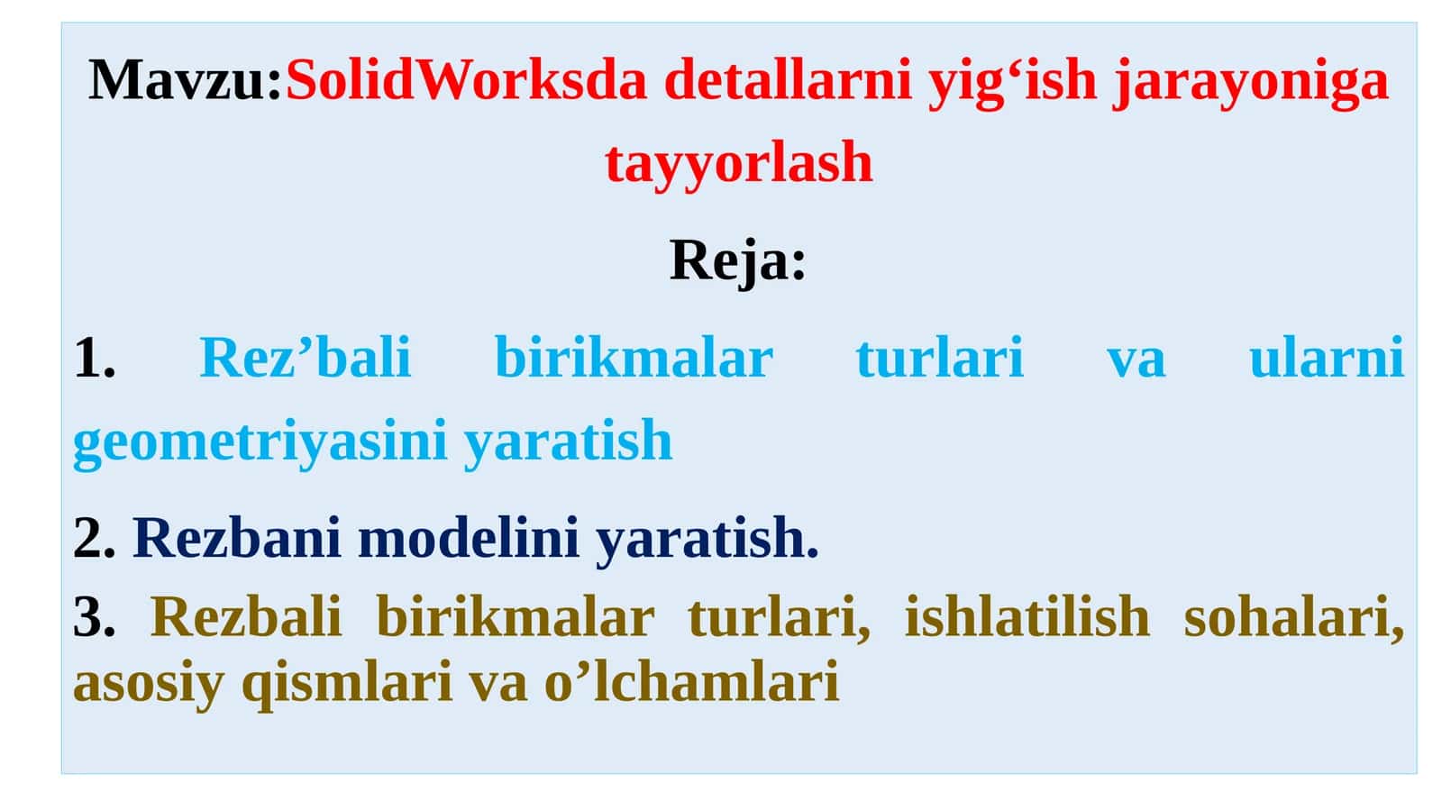 SolidWorksda detallarni yig‘ish jarayoniga tayyorlash 1