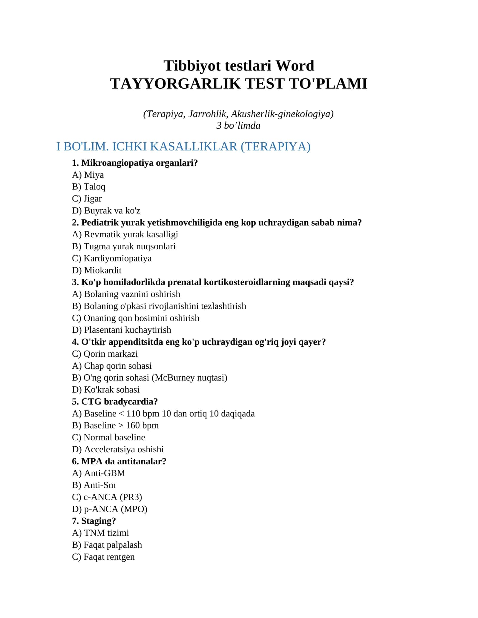 Tibbiyot testlari Word 1