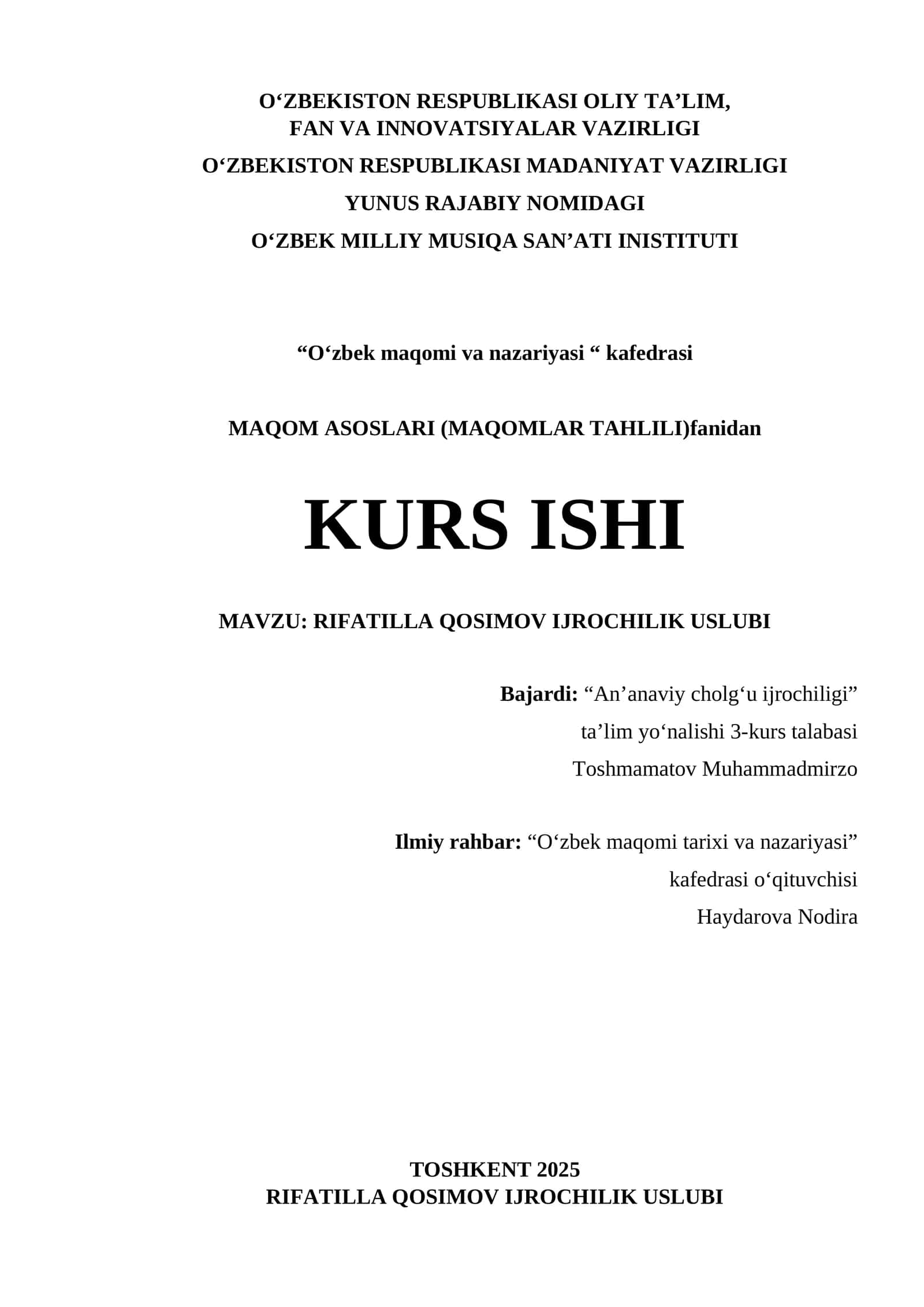 RIFATILLA QOSIMOV IJROCHILIK USLUBI 1