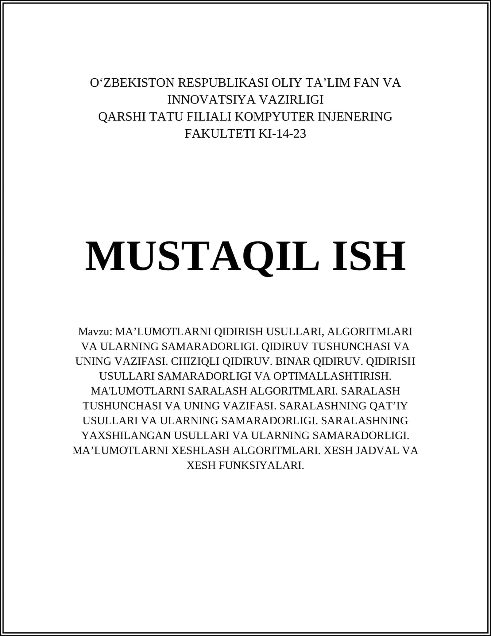 MA’LUMOTLARNI QIDIRISH USULLARI, ALGORITMLARI VA ULARNING SAMARADORLIGI 1