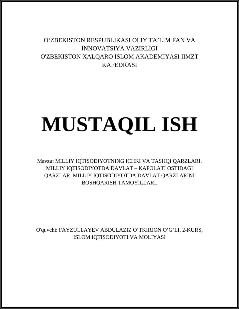 MILLIY IQTISODIYOTNING ICHKI VA TASHQI QARZLARI 1