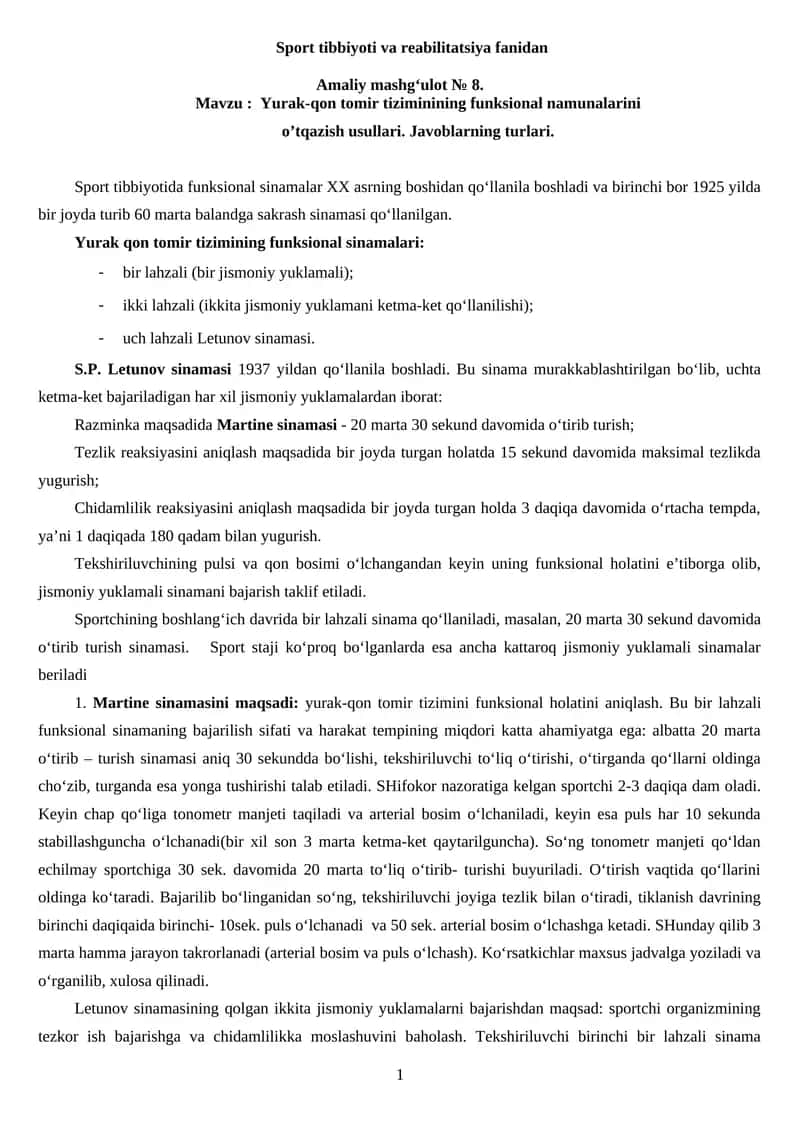 Sport tibbiyoti va reabilitatsiya fanidan - Amaliy mashg‘ulot № 8 1
