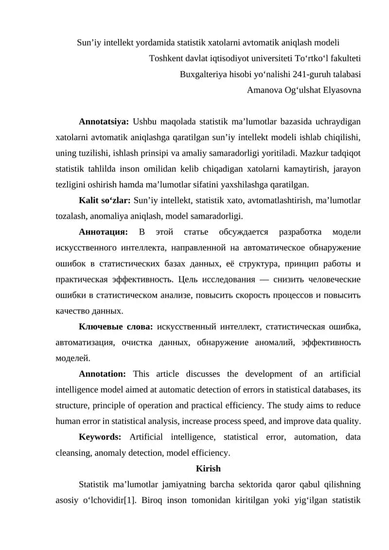 Sunʼiy intellekt yordamida statistik xatolarni avtomatik aniqlash modeli 1