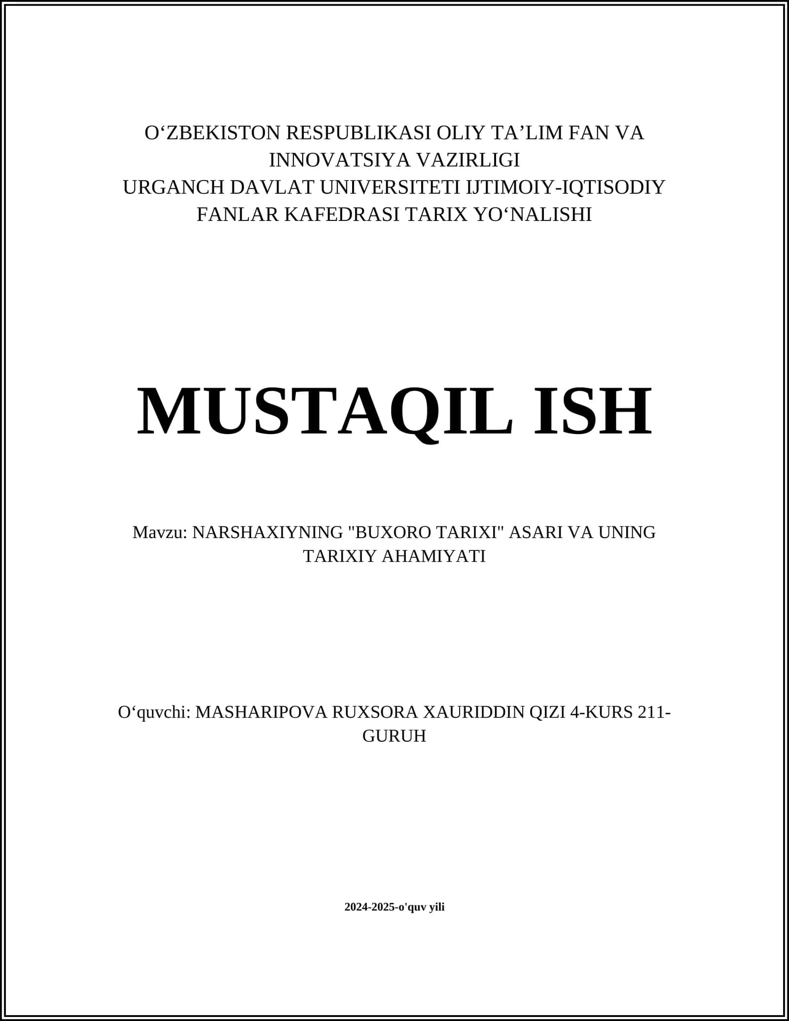 NARSHAXIYNING "BUXORO TARIXI" ASARI VA UNING TARIXIY AHAMIYATI 1