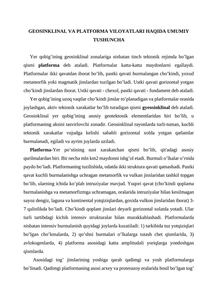 GEOSINKLINAL VA PLATFORMA VILOYATLARI HAQIDA UMUMIY TUSHUNCHA 1