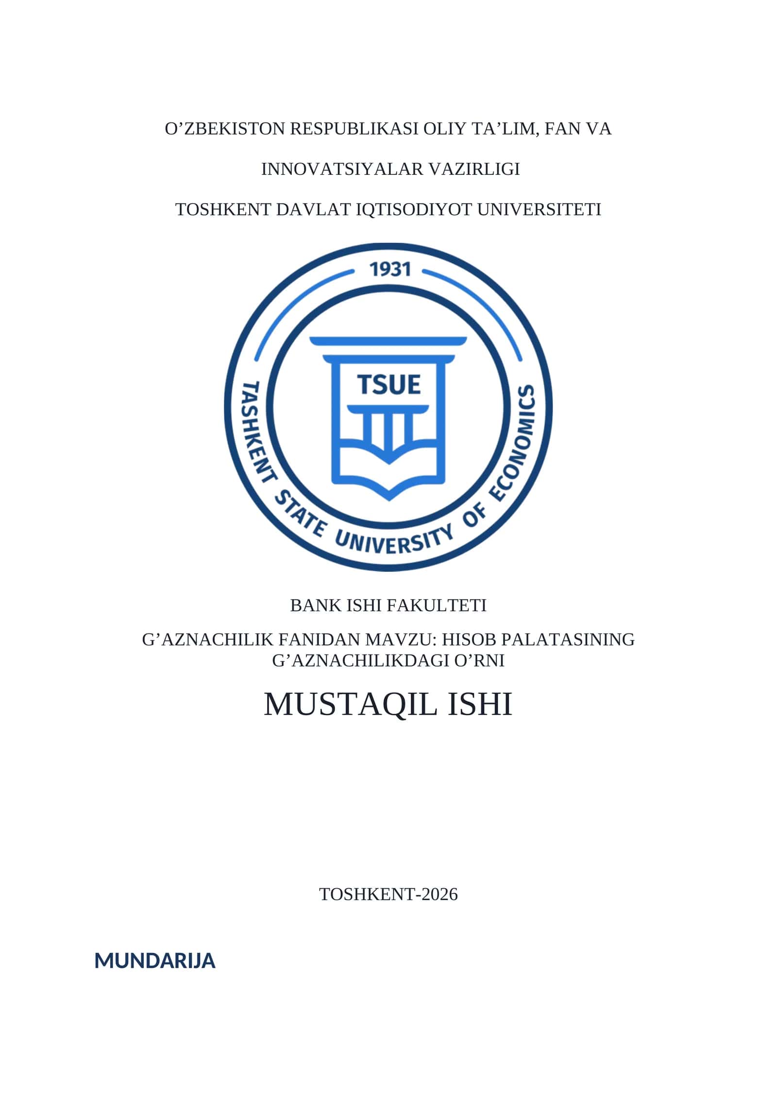 HISOB PALATASINING G’AZNACHILIKDAGI O’RNI MUSTAQIL ISHI 1
