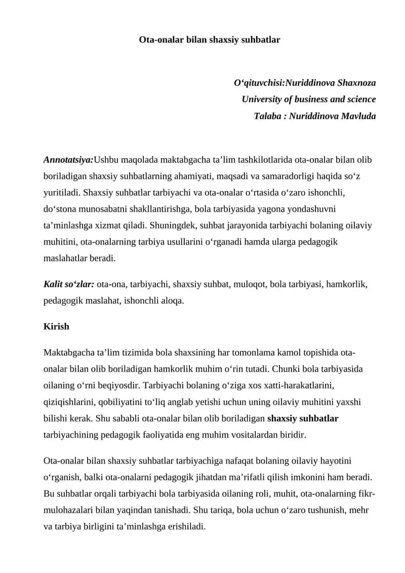 Ota-onalar bilan shaxsiy suhbatlar 1