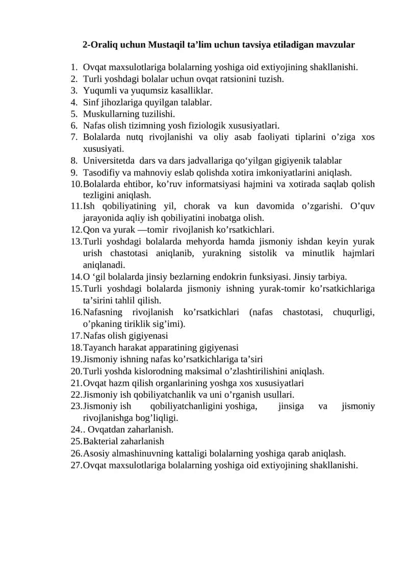 2-Oraliq uchun Mustaqil ta’lim uchun tavsiya etiladigan mavzular 1