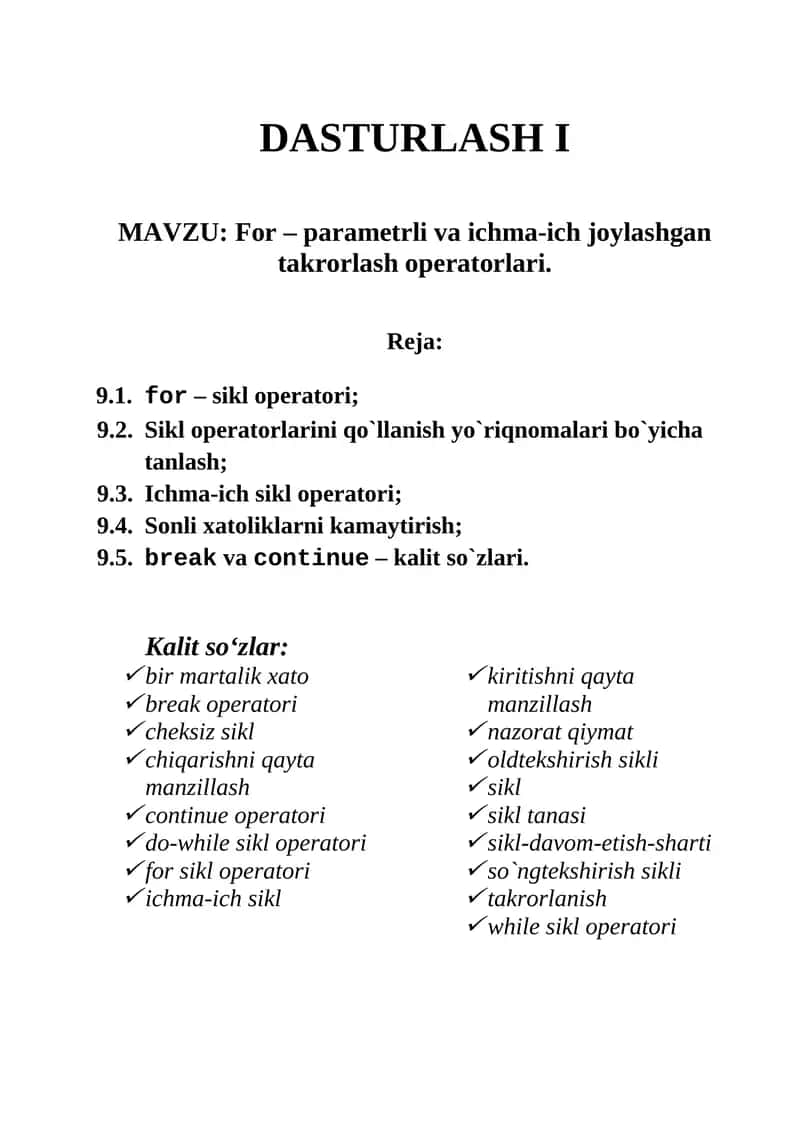 For – parametrli va ichma-ich joylashgan takrorlash operatorlari. 1