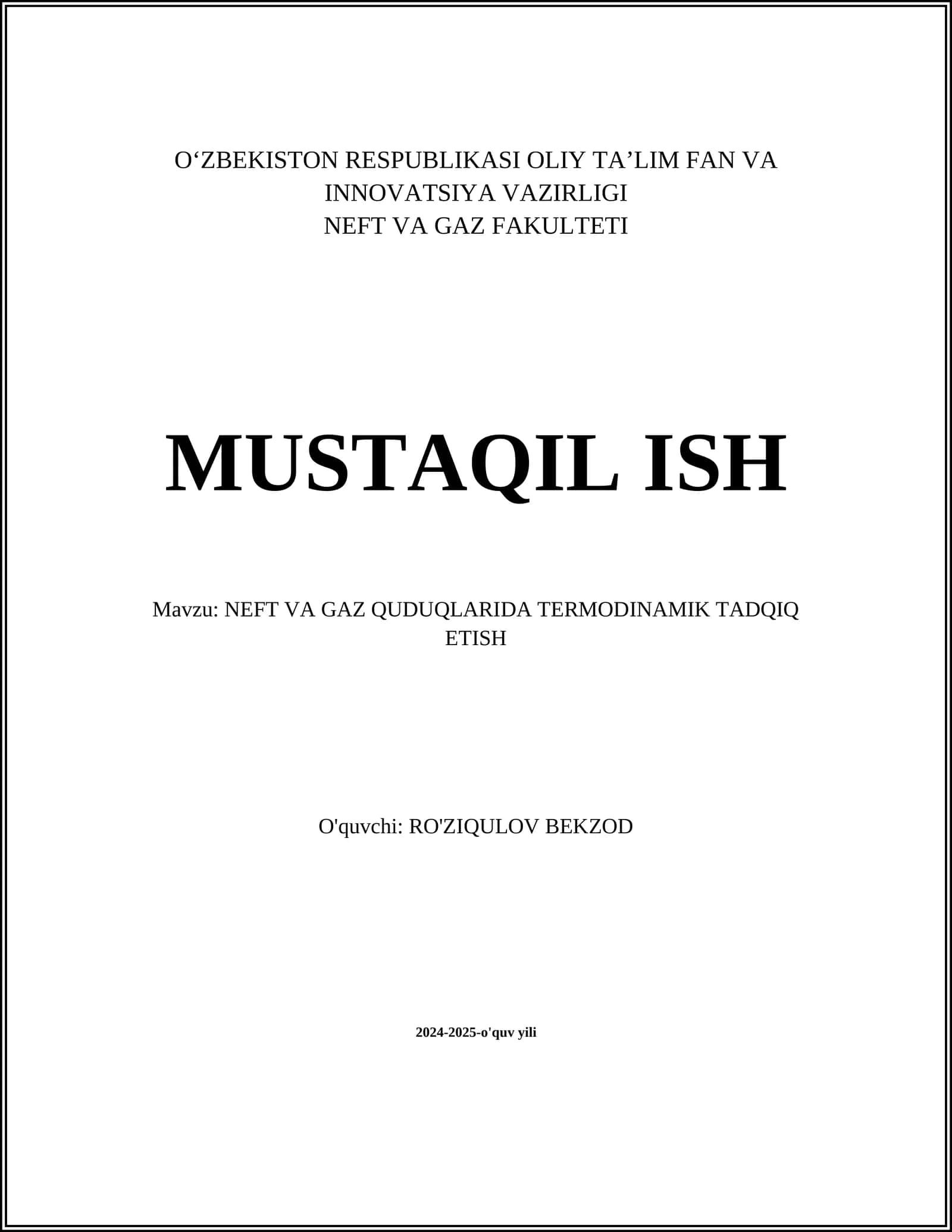 NEFT VA GAZ QUDUQLARIDA TERMODINAMIK TADQIQ ETISH 1