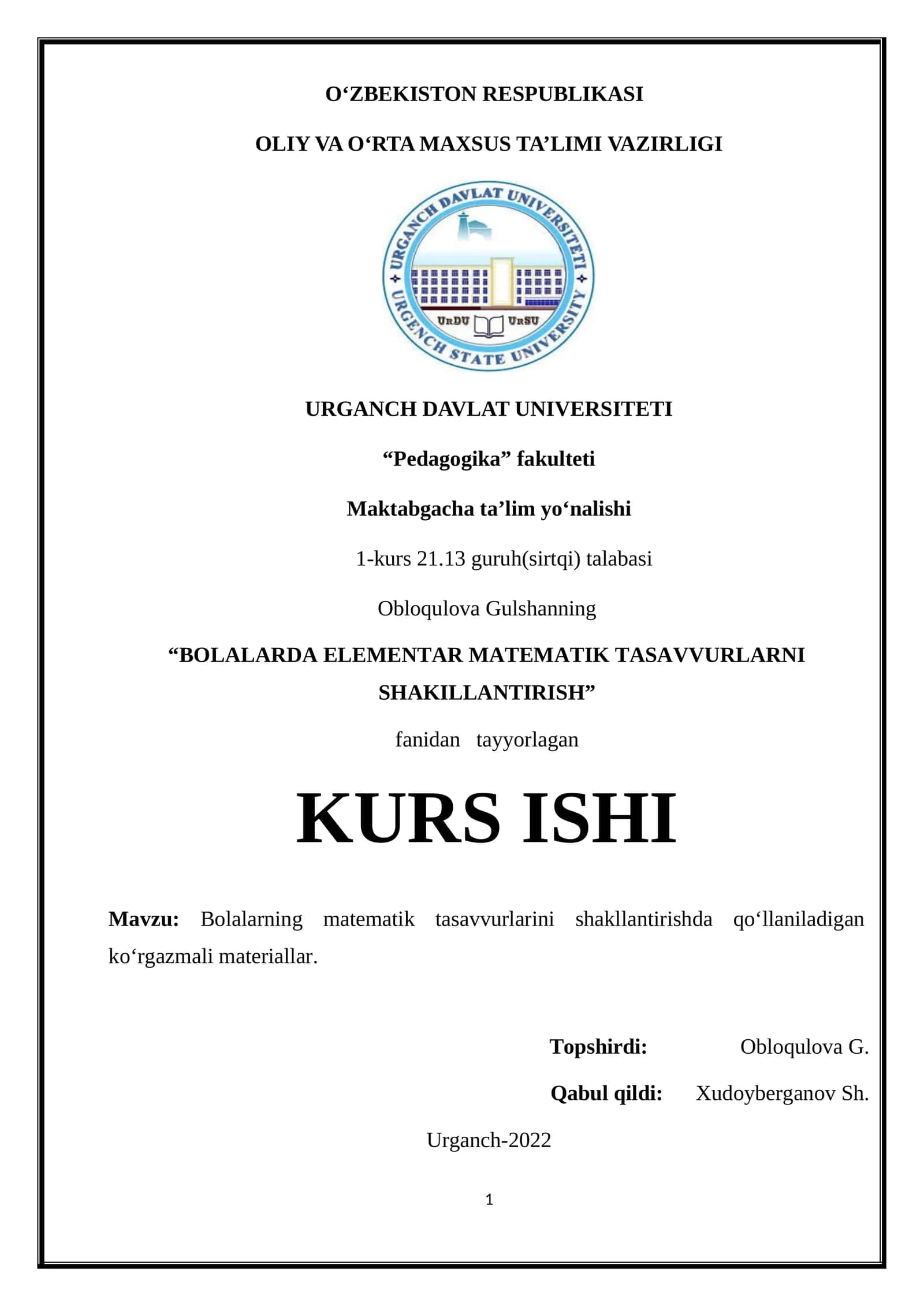 BOLALARDA ELEMENTAR MATEMATIK TASAVVURLARNI SHAKILLANTIRISH 1