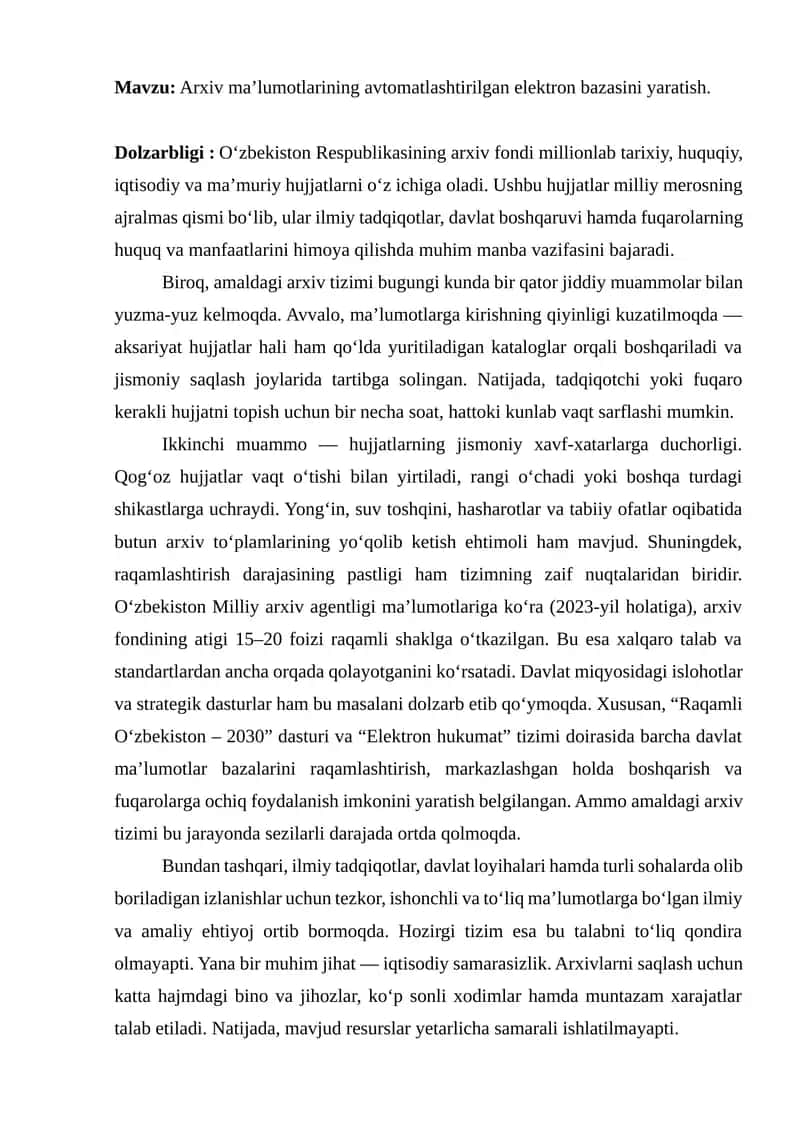 Arxiv ma’lumotlarining avtomatlashtirilgan elektron bazasi 1