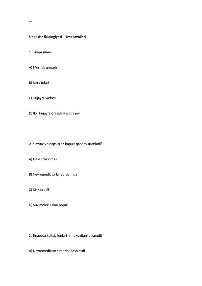 Sinapslar fiziologiyasi – Test savollari 1