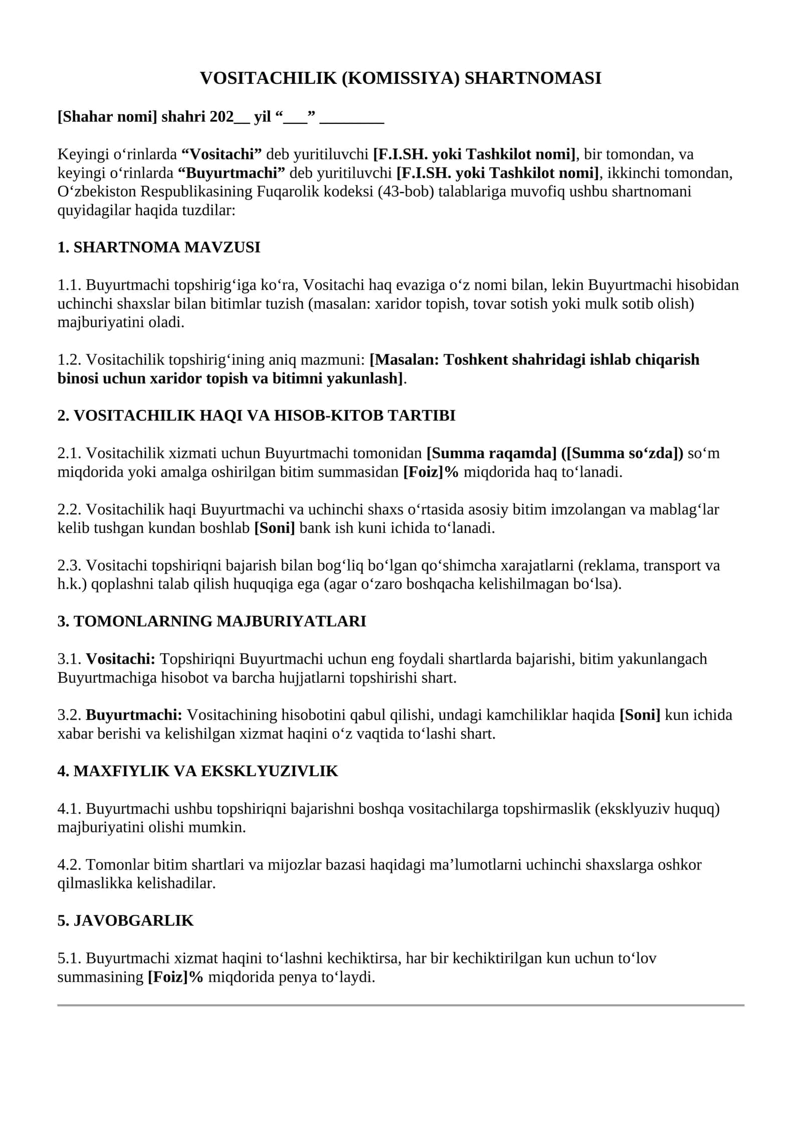 VOSITACHILIK (KOMISSIYA) SHARTNOMASI 1