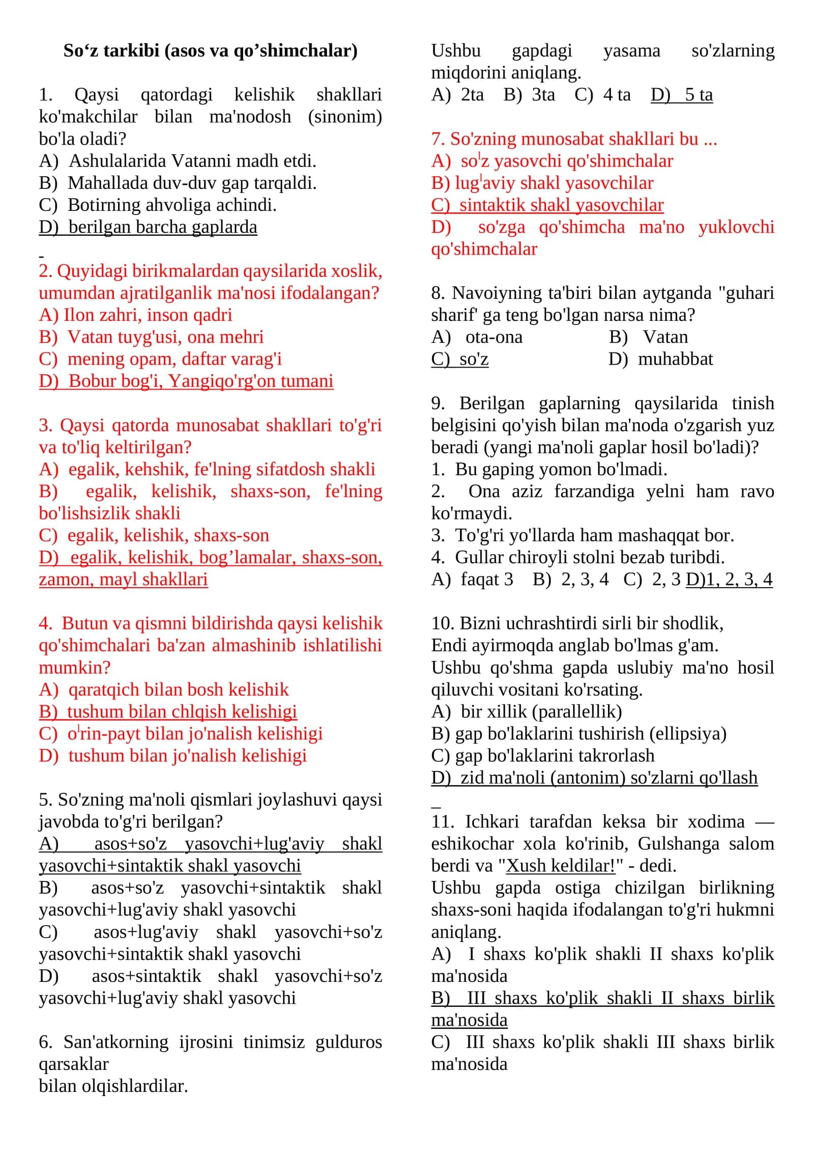 So‘z tarkibi (asos va qo’shimchalar) testlar 1