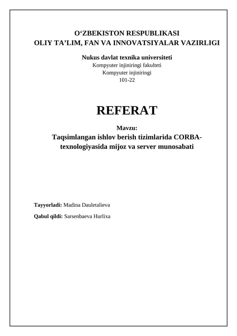 Taqsimlangan ishlov berish tizimlarida CORBA- texnologiyasida mijoz va server munosabati 1