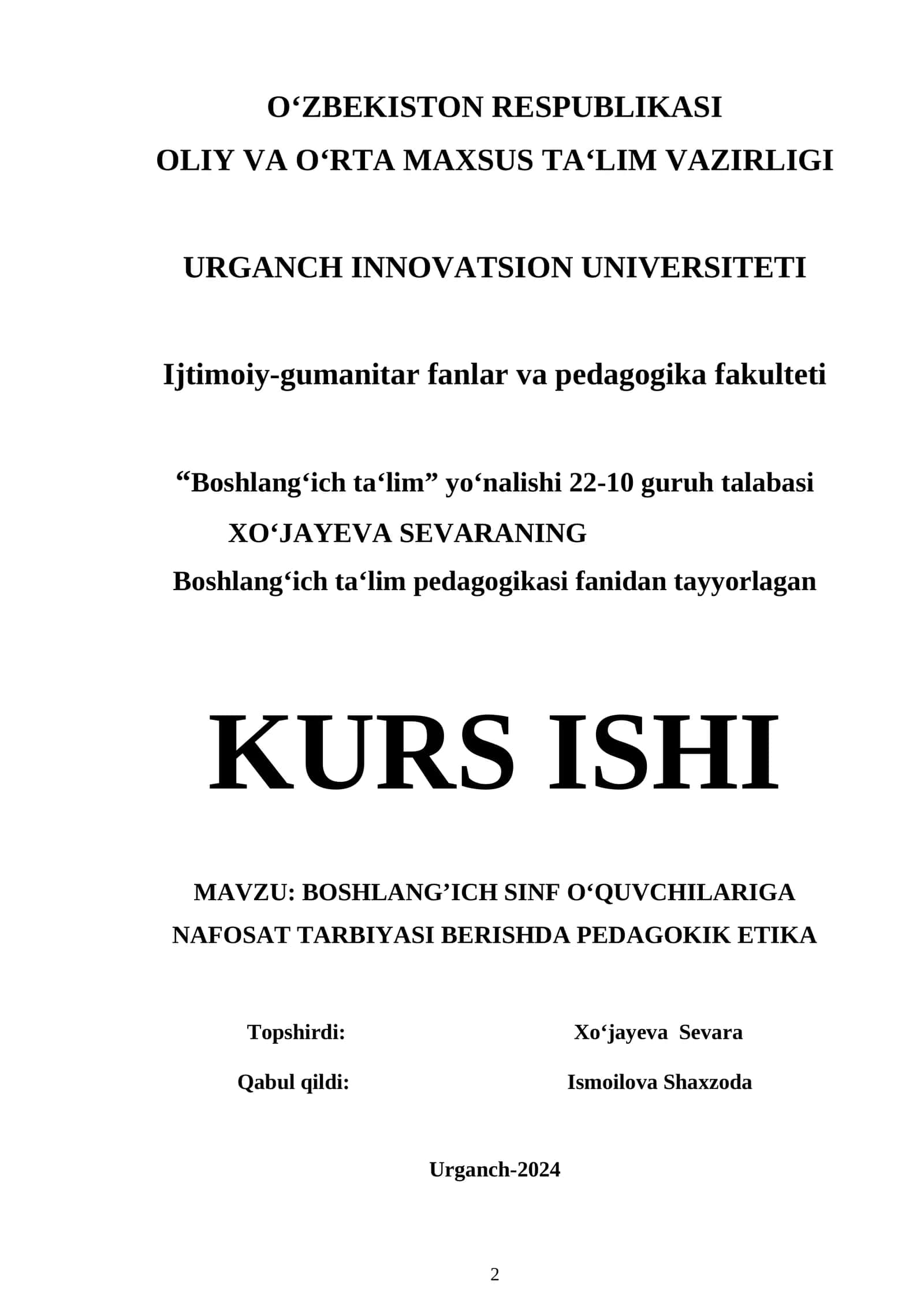 BOSHLANG’ICH SINF O‘QUVCHILARIGA NAFOSAT TARBIYASI BERISHDA PEDAGOKIK ETIKA 1