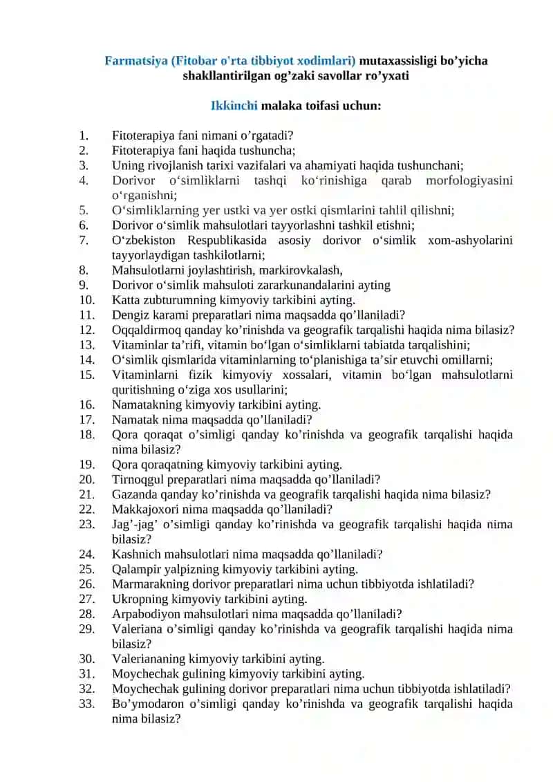 Fitobar o'rta tibbiyot xodimlari mutaxassisligi