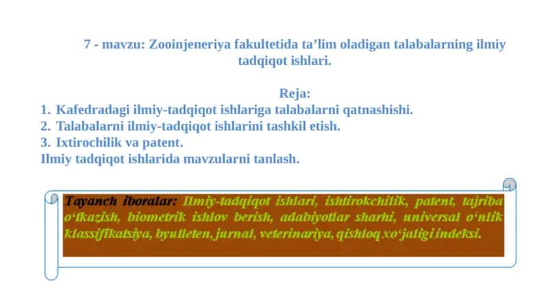 Zooinjeneriya fakultetidagi ilmiy-tadqiqot ishlari 1