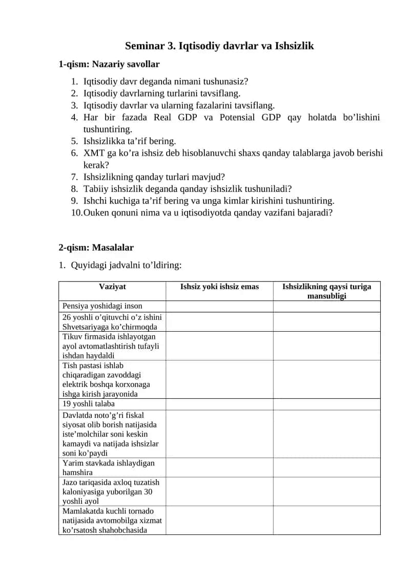 Seminar 3. Iqtisodiy davrlar va Ishsizlik 1