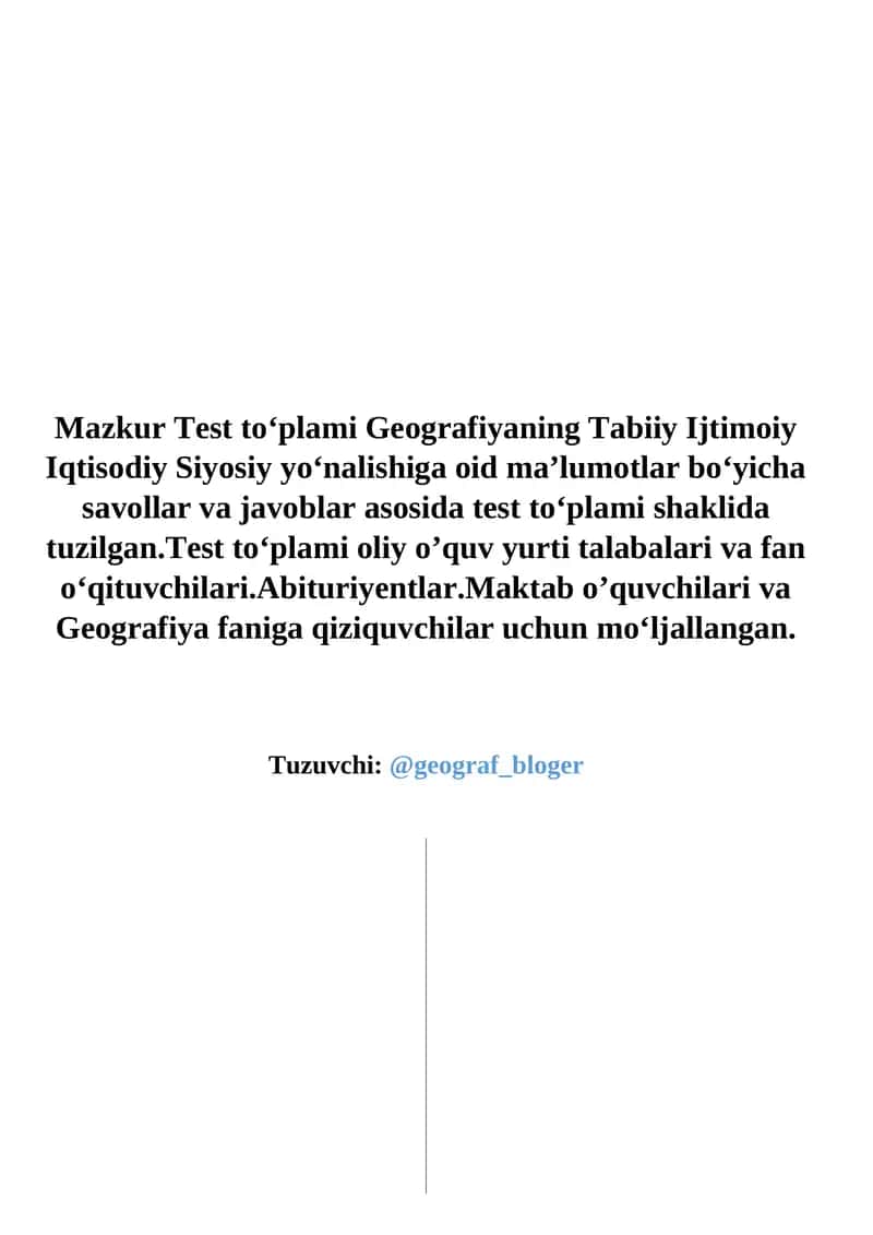 Test toʻplami Geografiyaning Tabiiy Ijtimoiy Iqtisodiy Siyosiy yoʻnalishiga oid 1