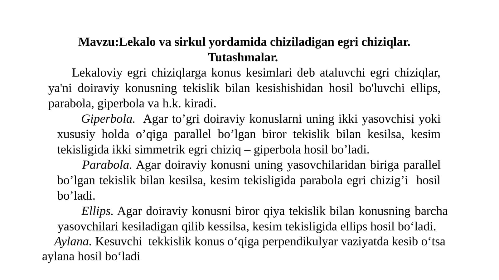 Lekalo va sirkul yordamida chiziladigan egri chiziqlar. Tutashmalar 1