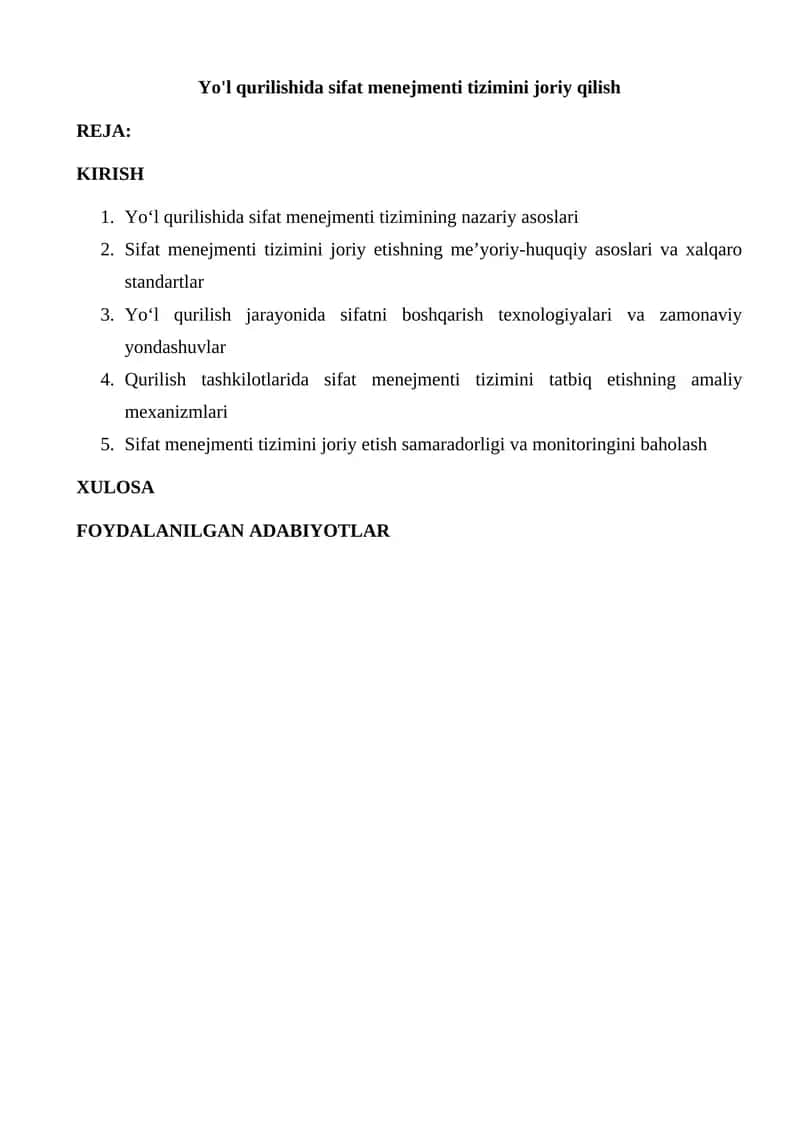 Yo'l qurilishida sifat menejmenti tizimini joriy qilish 1