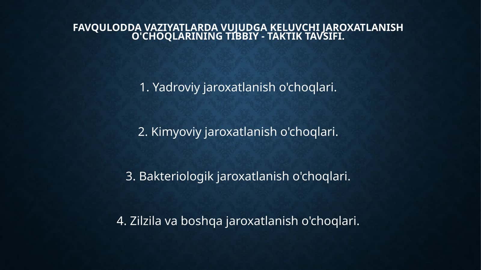 Favquloddavaziyatlardavujudgakeluvchijaroxatlanisho'choqlariningtibbiy-taktiktavsifi 1