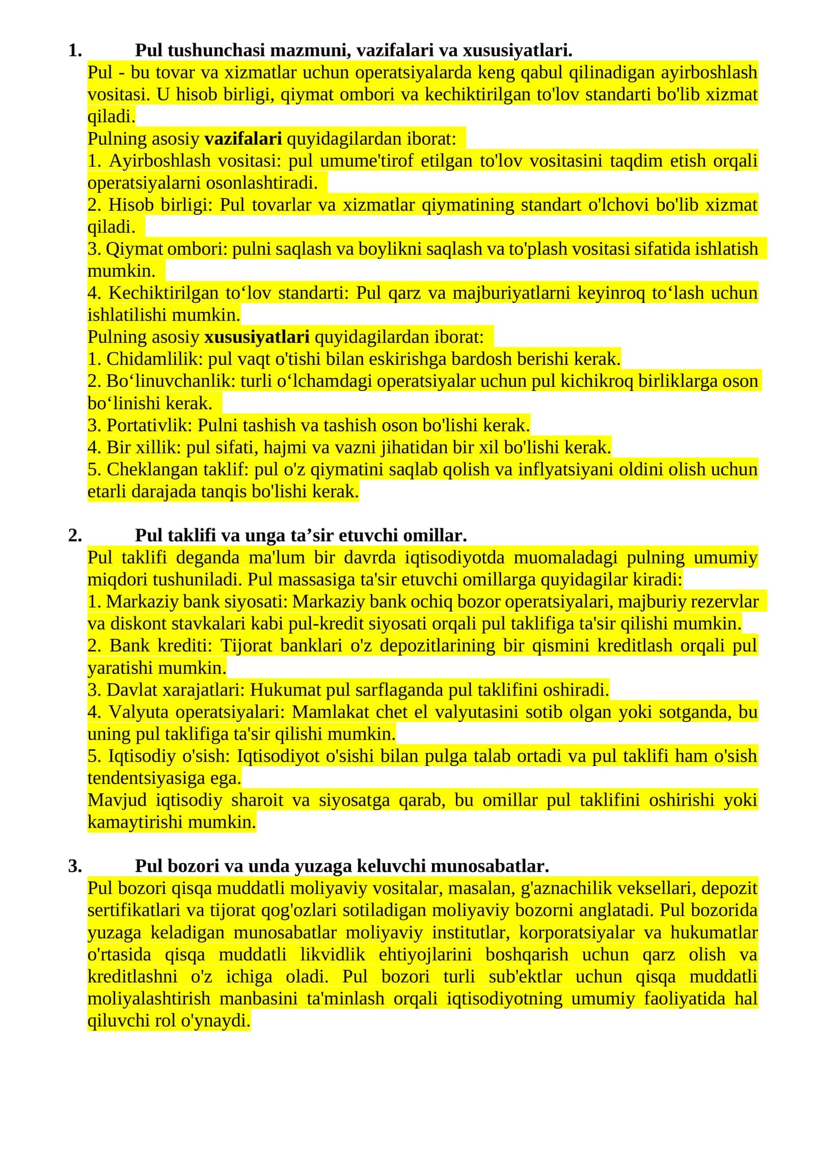 Pul tushunchasi mazmuni, vazifalari va xususiyatlari 1