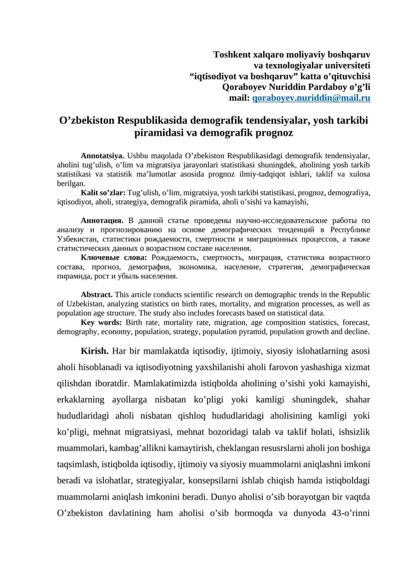 O’zbekiston Respublikasida demografik tendensiyalar, yosh tarkibi piramidasi va demografik prognoz 1
