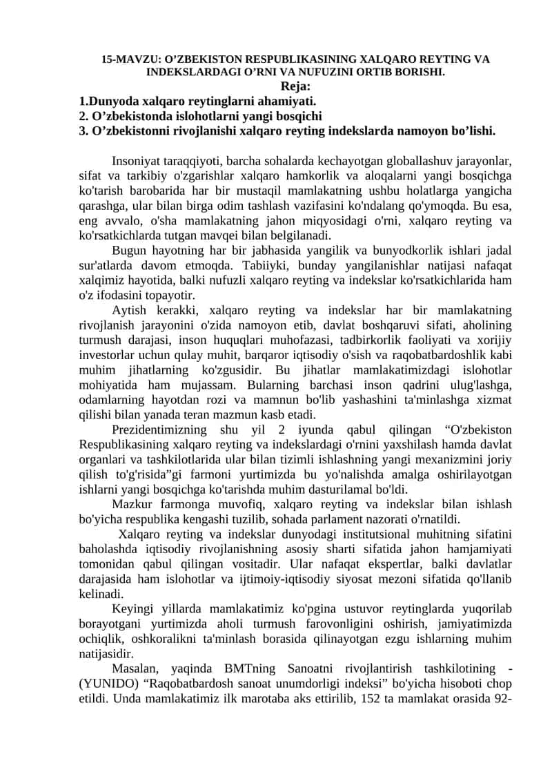 O’zbekiston Respublikasining Xalqaro Reyting va Indeksldagi O’rni va Nufuzini Ortib Borishi 1