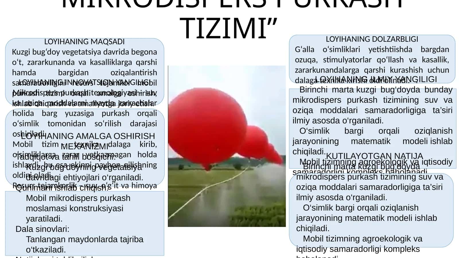 Agrobiologiya Agronomiya ta’lim yo‘nalishi 2-bosqich 11-UBAYDULLAYEV URAIMJON SHUXRAT O‘G‘LINING“KUZGI BUG‘DOYDA SUV VA OZIQA MODDALARI SAMARADORLIGINI OSHIRUVCHI MOBIL MIKRODISPERS PURKASH TIZIMI” 1