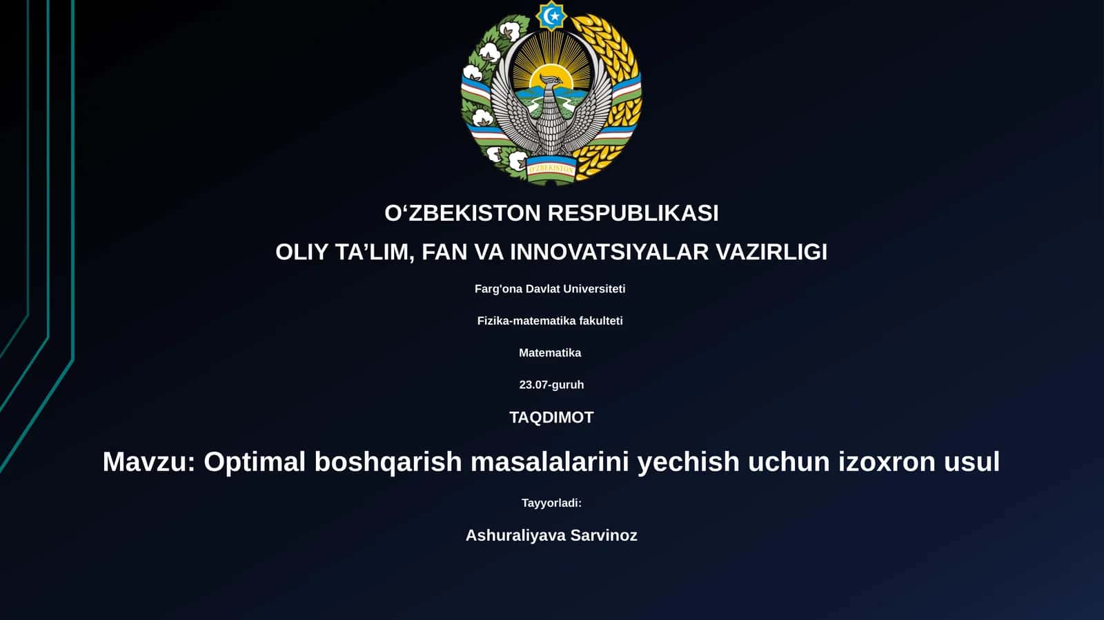 Optimal boshqarish masalalarini yechish uchun izoxron usuli 1