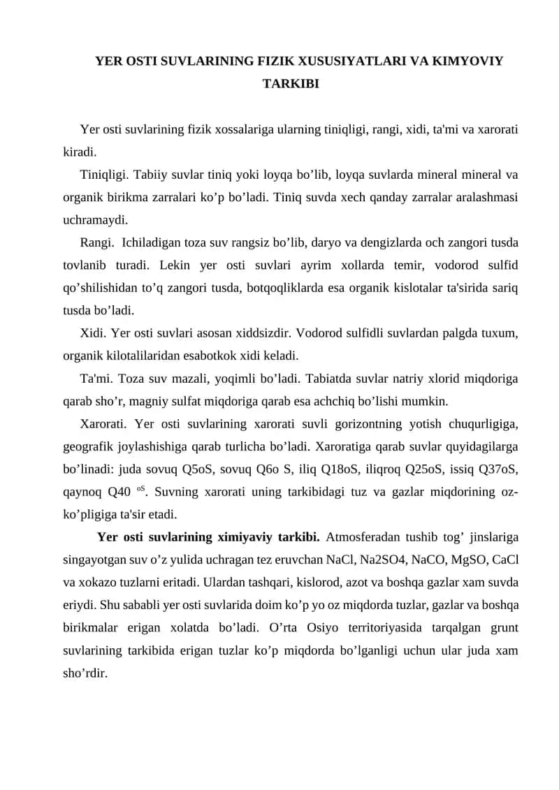 Yer osti suvlariining ximiyaviy tarkibi 1