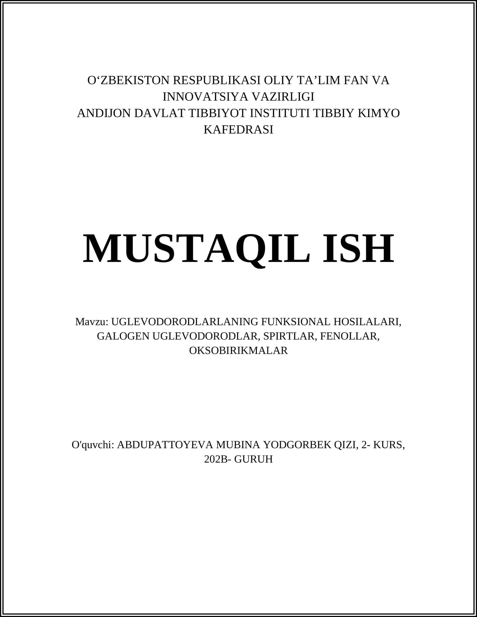 Uglevodorodlarning funksional hosilalarining klassifikatsiyasi va nomenklaturasi 1