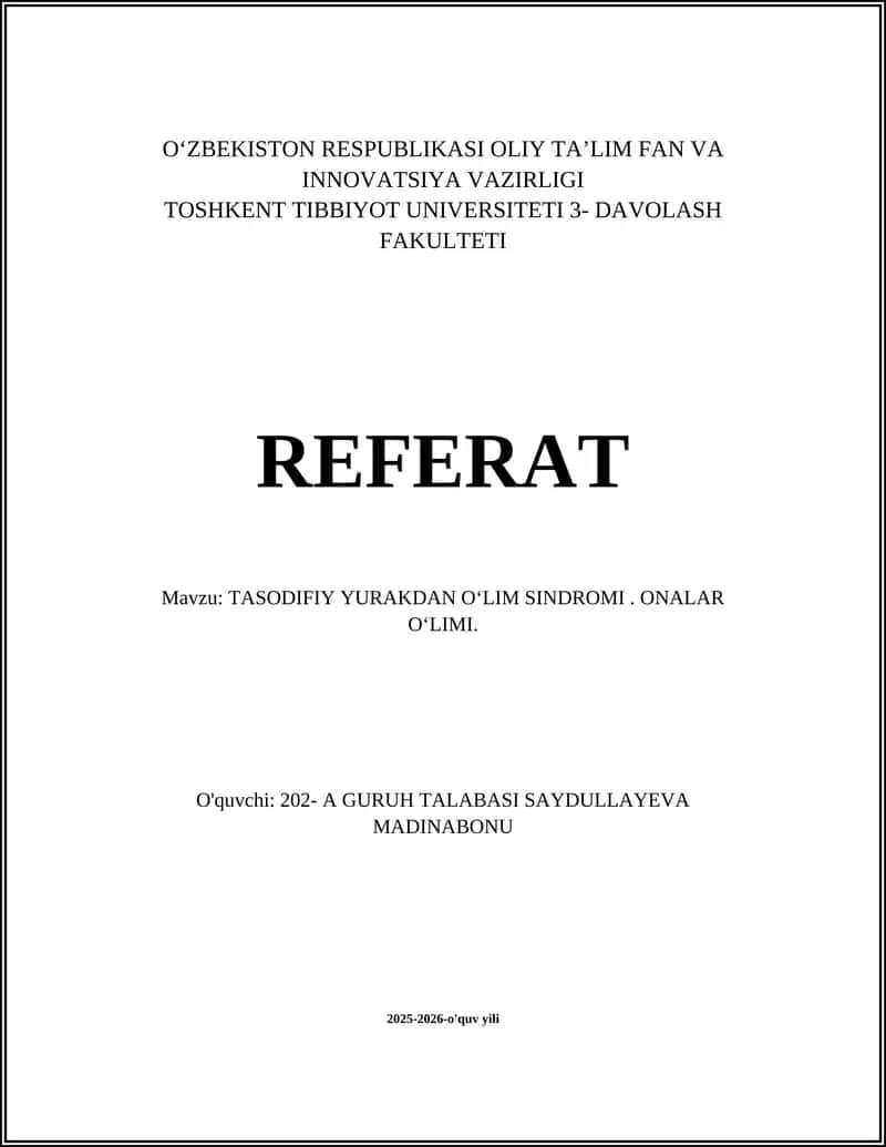 TASODIFIY YURAKDAN OʻLIM SINDROMI. ONALAR OʻLIMI 1
