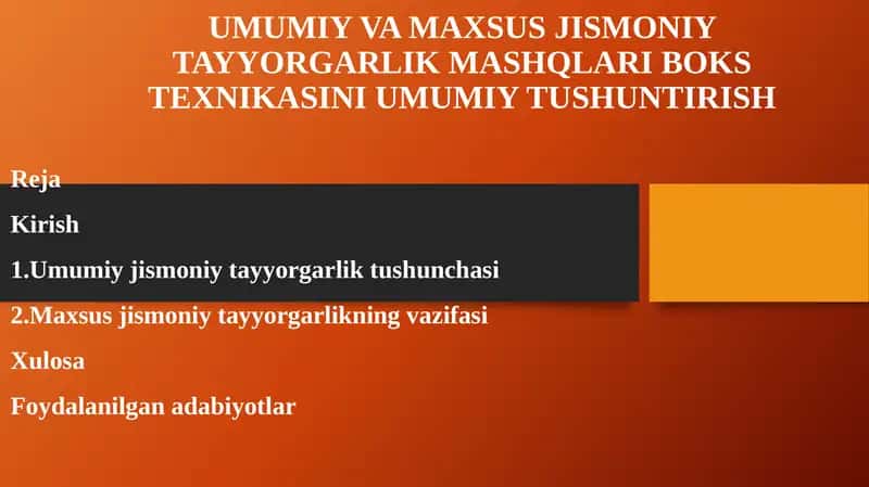 UMUMIY VA MAXSUS JISMONIY TAYYORGARLIK MASHQLARI BOKS TEXNIKASINI UMUMIY TUSHUNTIRISH 1